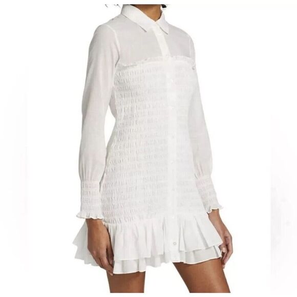 Veronica Beard Kelsey Button-Down Ruffled Smocked Dress in White Size 10 - Picture 6 of 12